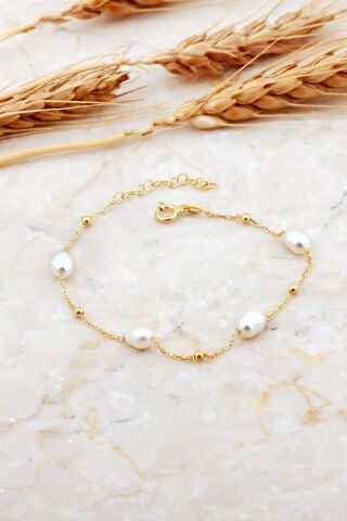 İnci Tek Sıra Altın Kaplama Gümüş Bileklik 4744