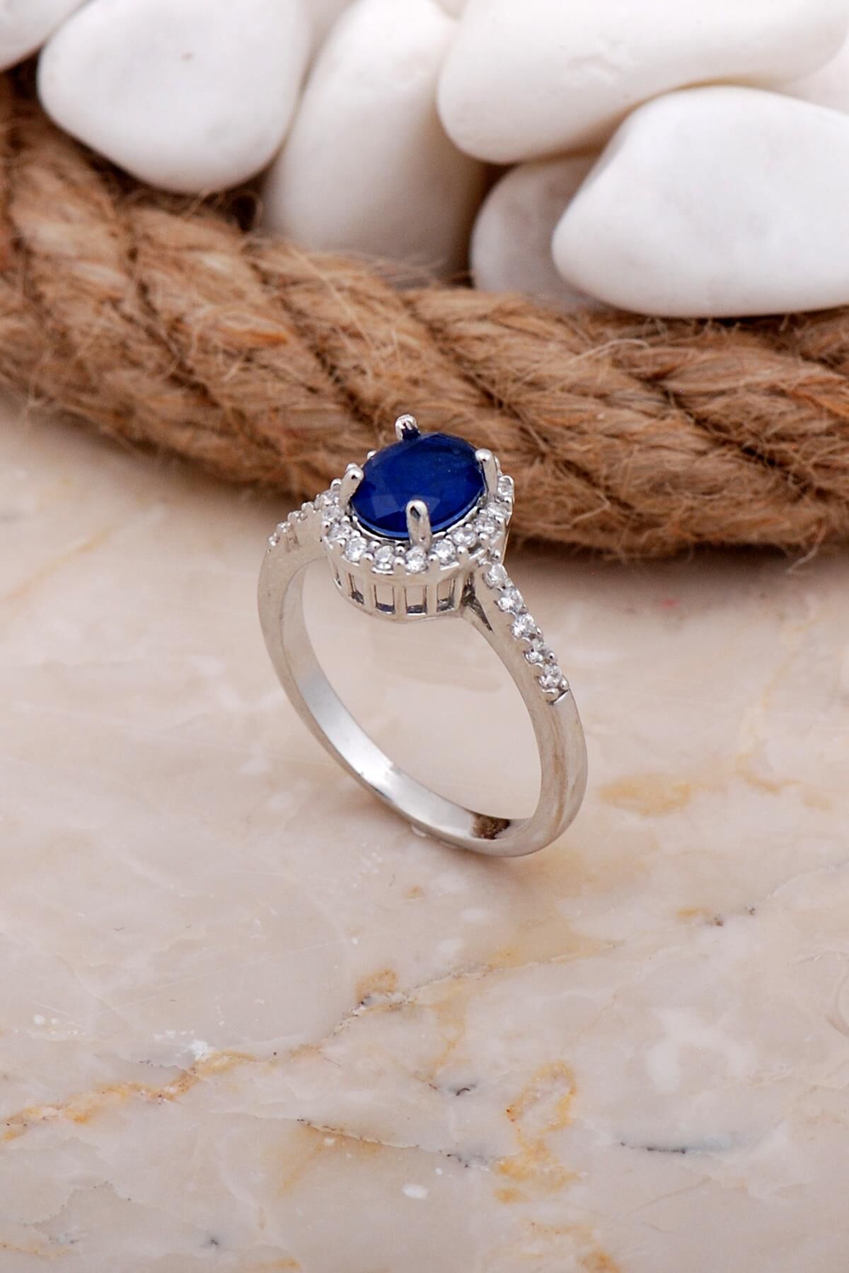 Paraiba Taşlı Lacivert Rodyumlu Gümüş Yüzük 3577