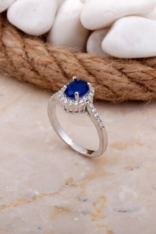 Paraiba Taşlı Lacivert Rodyumlu Gümüş Yüzük 3577