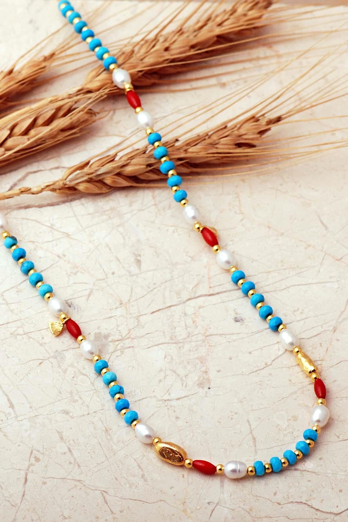 Firuze, İnci Ve Mercan Taşlı Altın Yaldızlı 925 Ayar Gümüş Dizgi Kolye 8119