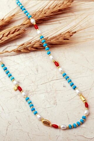 Firuze, İnci Ve Mercan Taşlı Altın Yaldızlı 925 Ayar Gümüş Dizgi Kolye 8119