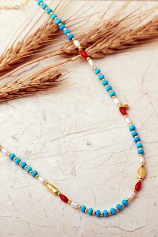 Firuze, İnci Ve Mercan Taşlı Altın Yaldızlı 925 Ayar Gümüş Dizgi Kolye 8119