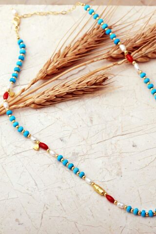 Firuze, İnci Ve Mercan Taşlı Altın Yaldızlı 925 Ayar Gümüş Dizgi Kolye 8119