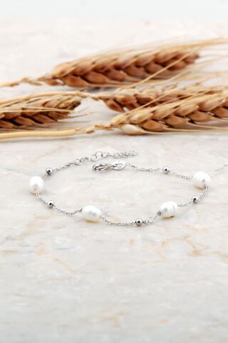 İnci Tek Sıra Rodyumlu Gümüş Bileklik 4745