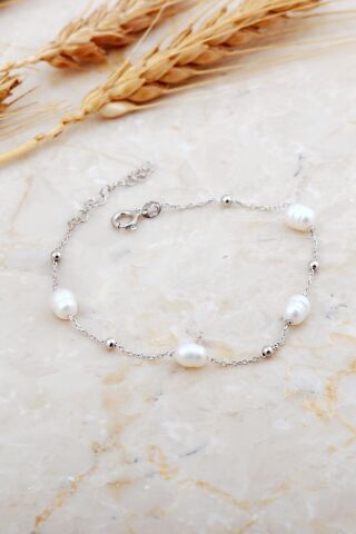 İnci Tek Sıra Rodyumlu Gümüş Bileklik 4745