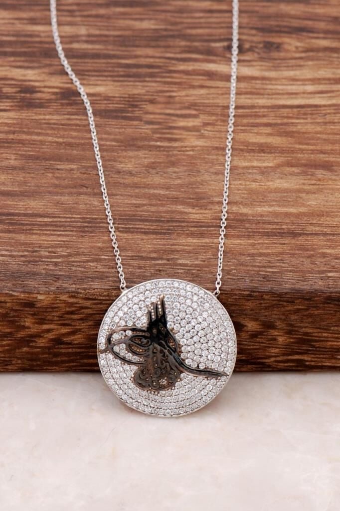 Zirkon Taşlı Osmanlı Tuğralı Gümüş Kolye 419