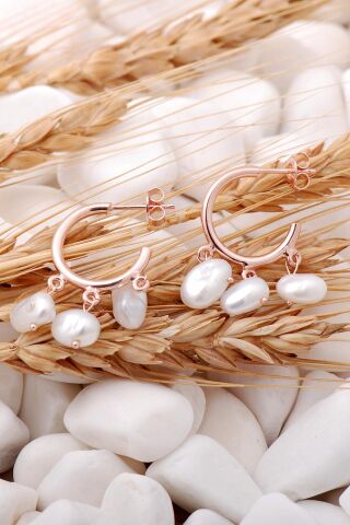 İnci Taşlı Rose Gümüş Halka Küpe 5706