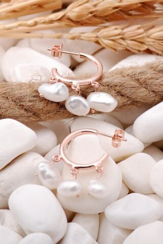 İnci Taşlı Rose Gümüş Halka Küpe 5706