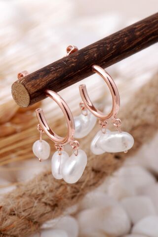 İnci Taşlı Rodyumlu Gümüş Halka Küpe 5706