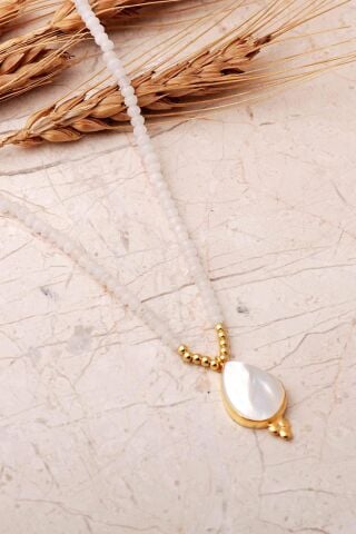 Sedef Taşlı Damla Altın Yaldızlı 925 Ayar Gümüş Kuvars Dizgi Kolye 8120