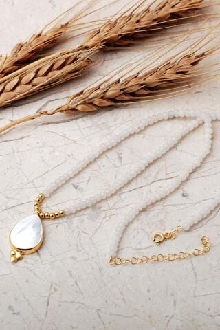 Sedef Taşlı Damla Altın Yaldızlı 925 Ayar Gümüş Kuvars Dizgi Kolye 8120