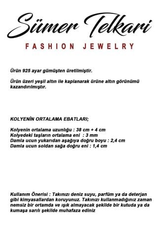 Sedef Taşlı Damla Altın Yaldızlı 925 Ayar Gümüş Kuvars Dizgi Kolye 8120