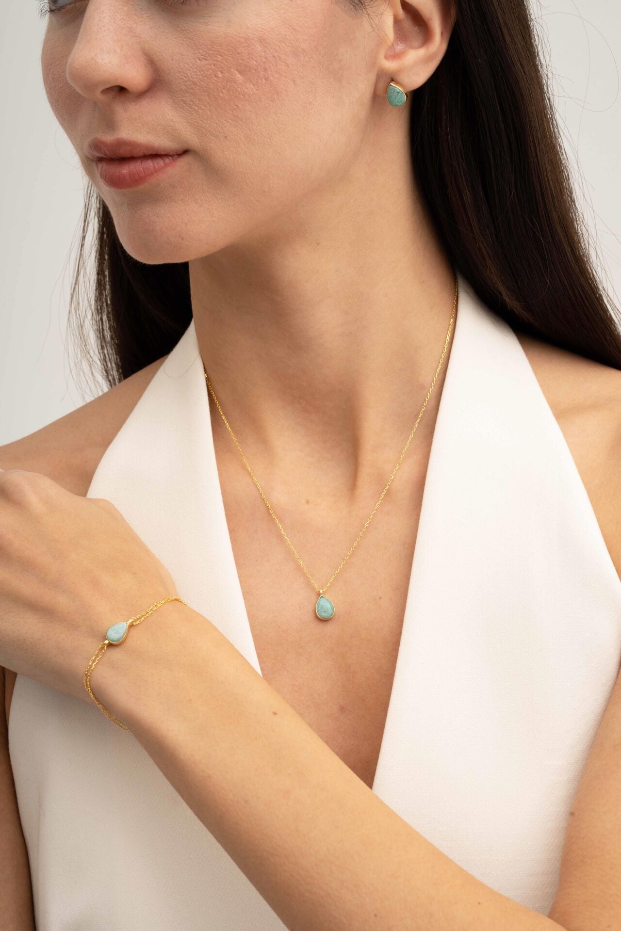 Amazonit Taşlı Altın Yaldızlı 925 Ayar Gümüş Damla Üçlü Set 2869