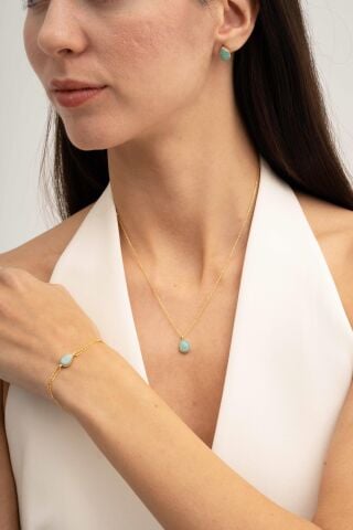 Amazonit Taşlı Altın Yaldızlı 925 Ayar Gümüş Damla Üçlü Set 2869