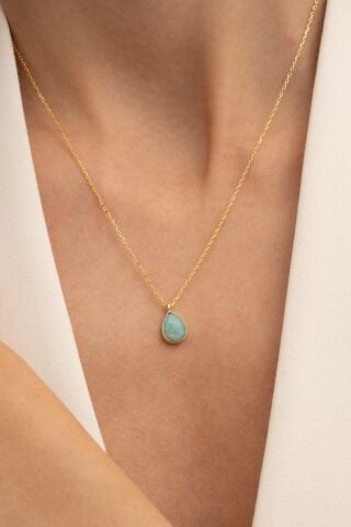 Amazonit Taşlı Altın Yaldızlı 925 Ayar Gümüş Damla Üçlü Set 2869