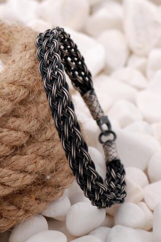 Kazaziye İşlemeli Elişi Sarma Gümüş Erkek Bileklik 3813