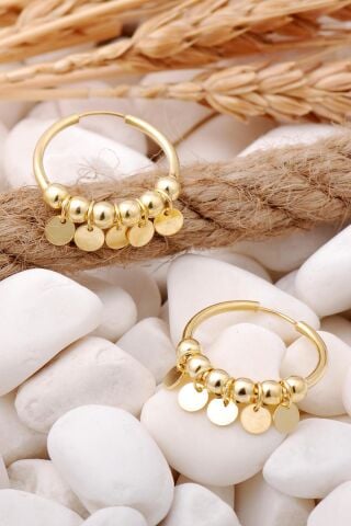 Pullu Altın Yaldızlı Gümüş Halka Küpe 5707