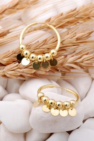 Pullu Altın Yaldızlı Gümüş Halka Küpe 5707