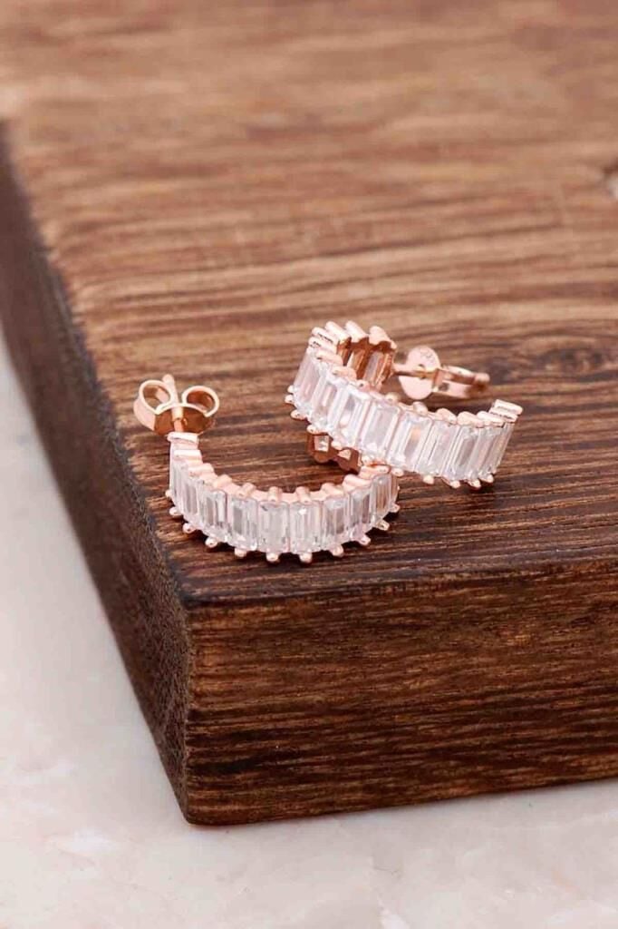 Baget Kesim Zirkon Taşlı Rose Gümüş Küpe 1408