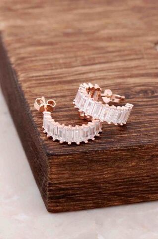 Baget Kesim Zirkon Taşlı Rose Gümüş Küpe 1408