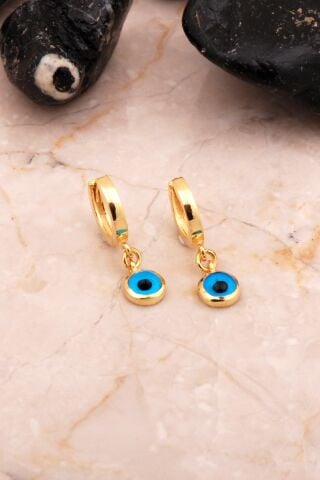 Altın Kaplama Nazar Boncuklu Gümüş Halka Küpe 6885