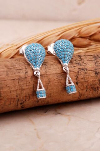 Uçan Balon Rodyumlu Turkuaz Gümüş Küpe 6886