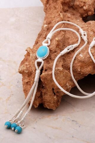 Turkuaz Kazaziye İşlemeli Gümüş Elişi Kolye 7167