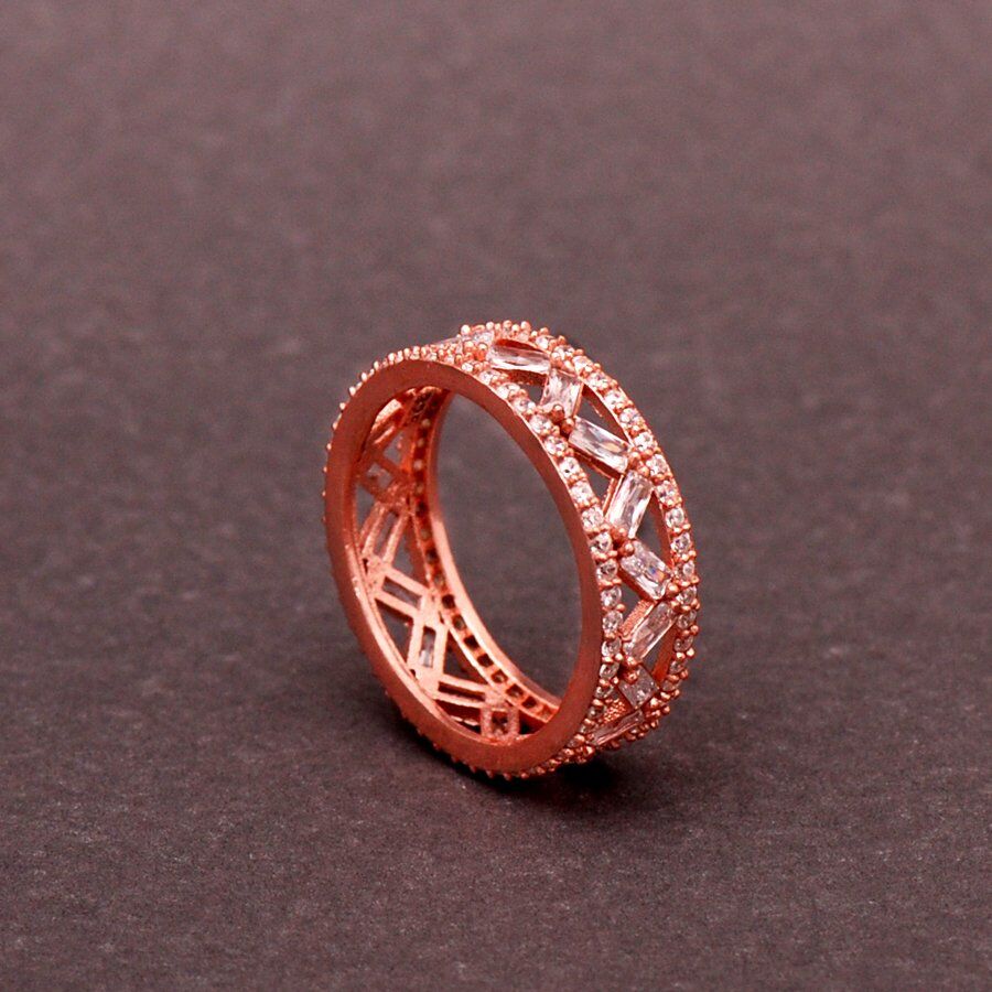 Baget Kesim Zirkon Taşlı Zigzag Rose Gümüş Yüzük 1691