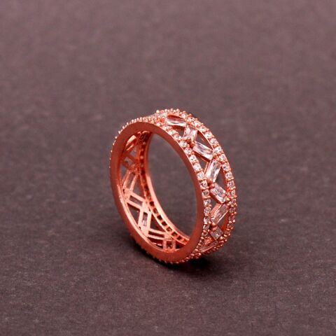 Baget Kesim Zirkon Taşlı Zigzag Rose Gümüş Yüzük 1691