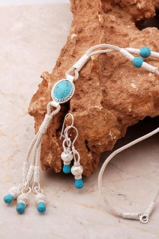 Turkuaz Kazaziye İşlemeli Elişi Gümüş Kolye Küpe 7168