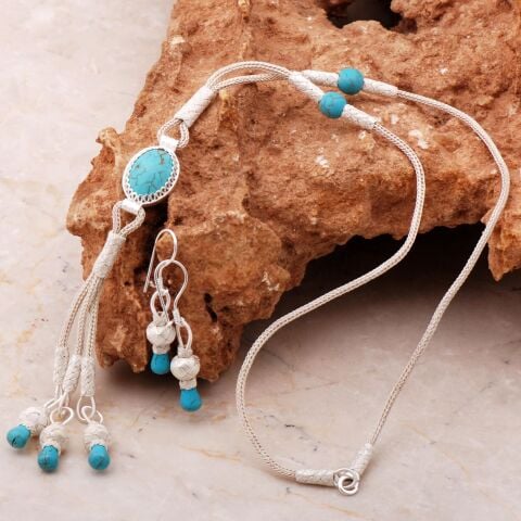 Turkuaz Kazaziye İşlemeli Elişi Gümüş Kolye Küpe 7168