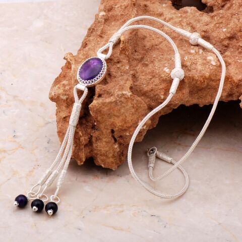 Ametist Kazaziye İşlemeli Elişi Gümüş Kolye 7169