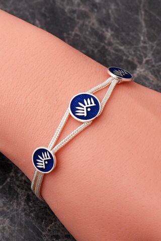 İki Farklı Renk Seçenekli Mezopotamya Göz Sembolü Midyat Hasırı 925 Ayar Gümüş Bileklik 4874