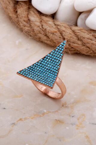 Turkuaz Taşlı Üçgen Tasarım Rose Gümüş Yüzük 3590