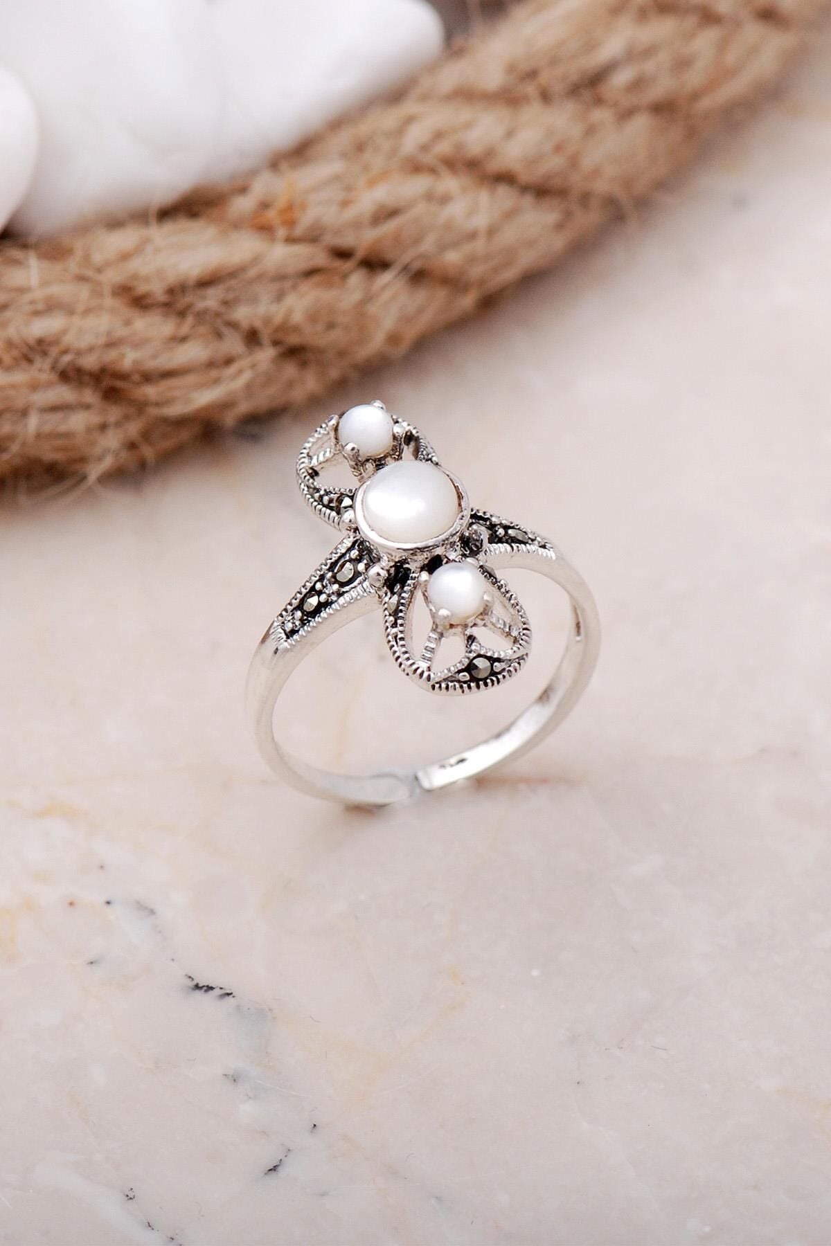 Sedef ve Markazit Taşlı Gümüş Yüzük 3440