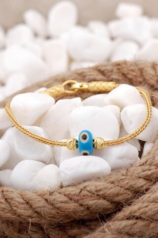 Kazaziye İşlemeli Nazar Boncuklu Elişi Altın Yaldızlı Gümüş Bileklik 3825