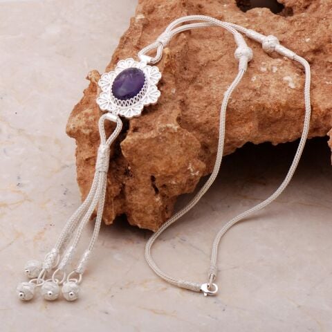 Ametist Telkari Ve Kazaziye İşlemeli Gümüş Kolye 7172