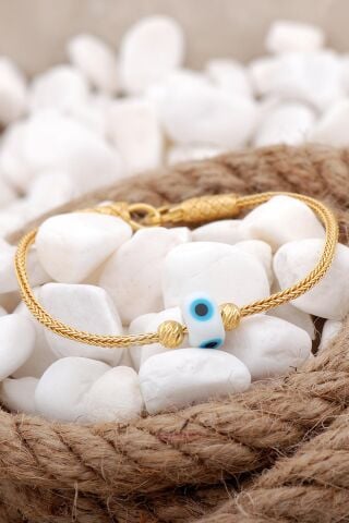 Kazaziye İşlemeli Nazar Boncuklu Elişi Altın Yaldızlı Gümüş Bileklik 3826