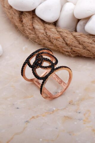 Tasarım Siyah Taşlı Rose Uzun Gümüş Yüzük 3593