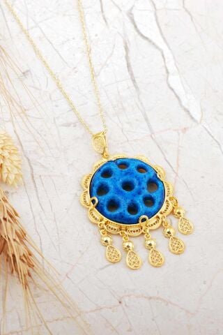 Telkari İşlemeli Altın Yaldızlı Süryani Nazar Boncuğu Kolye 6716