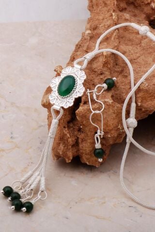 Akik Kazaziye Ve Telkari İşlemeli Gümüş Elişi Kolye Küpe 7173