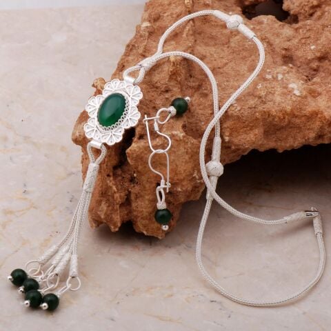 Akik Kazaziye Ve Telkari İşlemeli Gümüş Elişi Kolye Küpe 7173