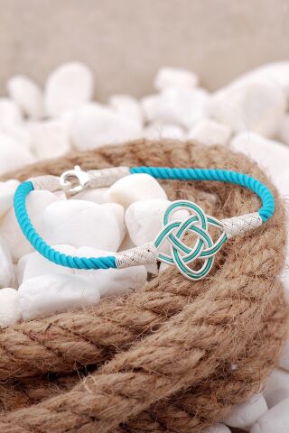Kazaziye İşlemeli Şems Düğümü Turkuaz İpli Gümüş Bileklik 3827