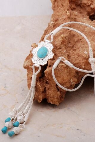 Turkuaz Telkari Ve Kazaziye İşlemeli Gümüş Kolye 7174