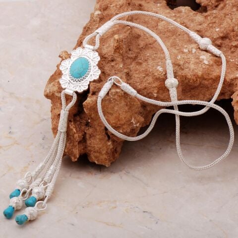 Turkuaz Telkari Ve Kazaziye İşlemeli Gümüş Kolye 7174