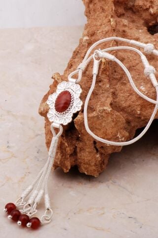 Akik Kazaziye Telkari İşlemeli Elişi Gümüş Kolye 7175