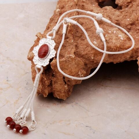 Akik Kazaziye Telkari İşlemeli Elişi Gümüş Kolye 7175