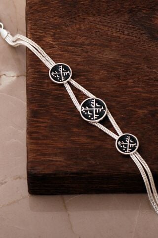 İki Farklı Renk Seçenekli Mezopotamya Makas & Tarak Sembolü Midyat Hasırı 925 Ayar Gümüş Bileklik 4875