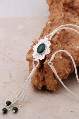 Akik Kazaziye Telkari İşlemeli Elişi Gümüş Kolye 7176