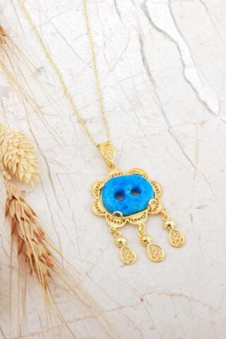 Telkari İşlemeli Altın Yaldızlı Süryani Nazar Boncuğu Gümüş Kolye 6722